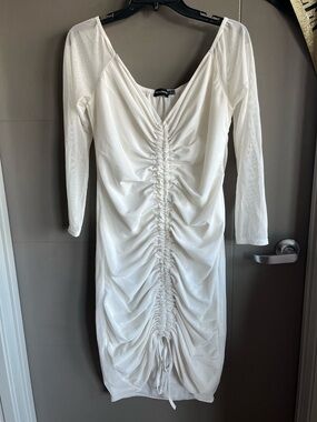 PrettyLittleThing White Long Sleeve Ruched Bodycon Dress